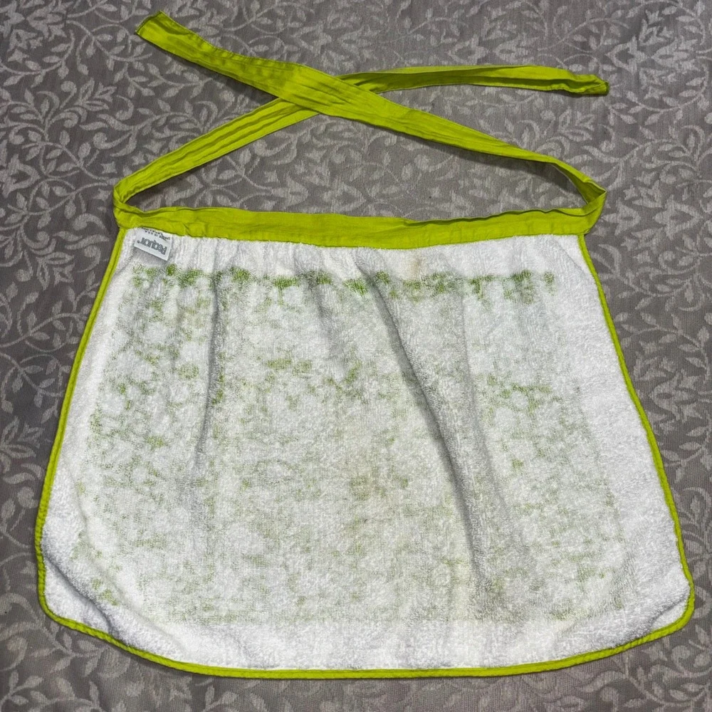 Vintage 70s Pequot Terry Cloth Apron Green White Floral Handmade Waist Apron USA